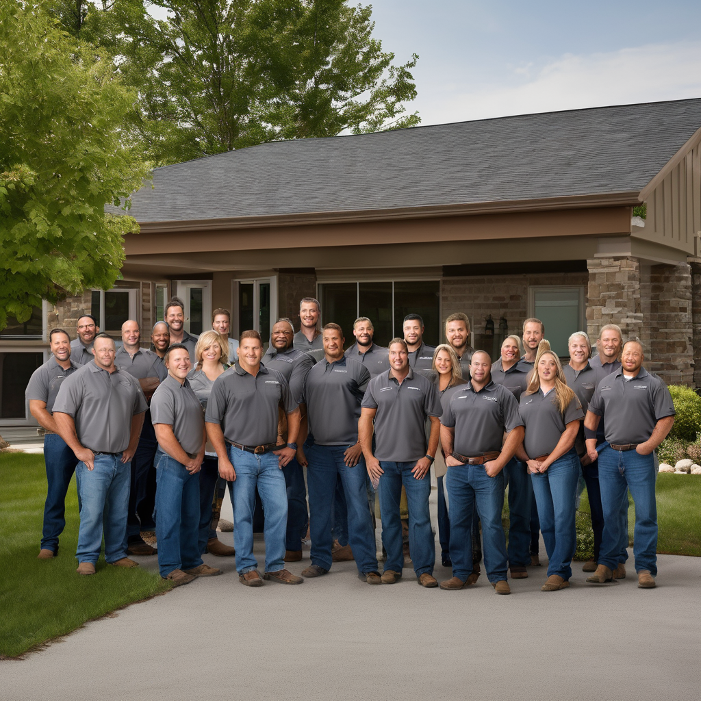 Professional home services team group photo outside modern office with company work trucks