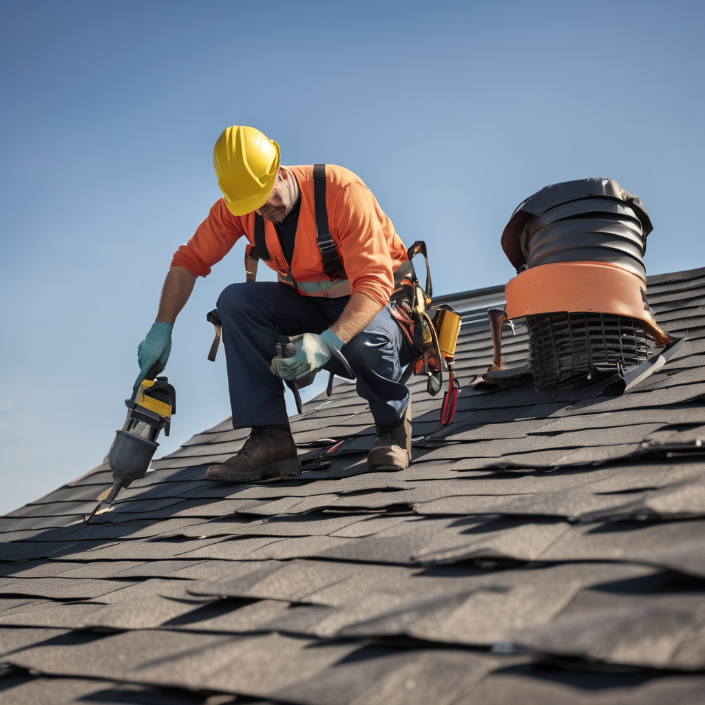 Professional roof repair team inspecting damaged roof with skilled roofer