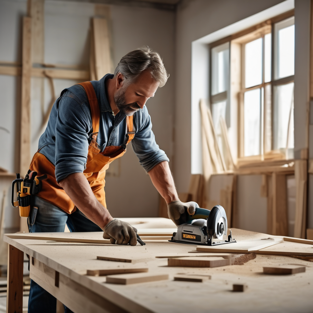 Home improvement contractor measuring and cutting materials