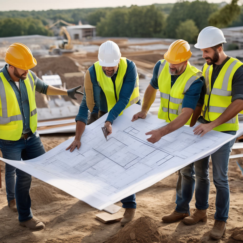 Professional roofing company team discussing project plans on construction site with blueprints